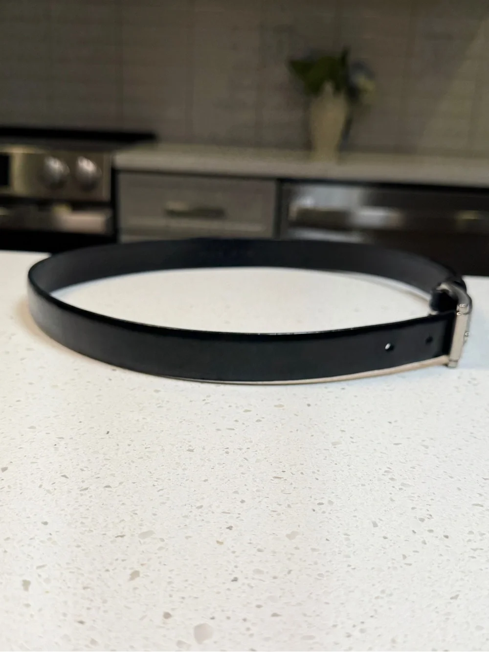 Vintage 90's DKNY Black Leather Belt Silver-Toned Rectangular Buckle Medium M